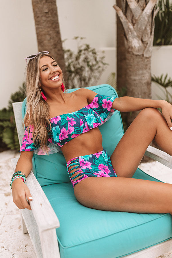 Tropical State Of Mind Reversible High Waist Bikini Bottom in Navy