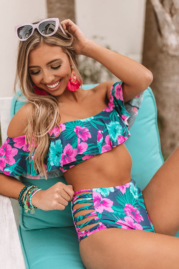 Tropical State Of Mind Reversible High Waist Bikini Bottom in Navy