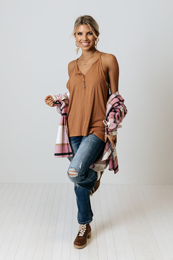 Party Perfection Ribbed Henley Tank In Light Chocolate