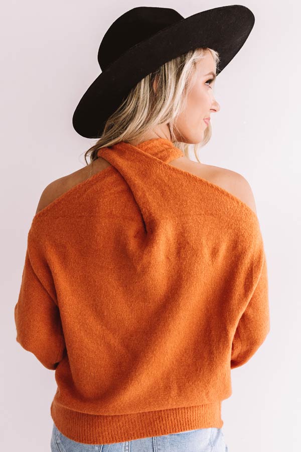 Sweet Embrace Cold Shoulder Sweater In Rust