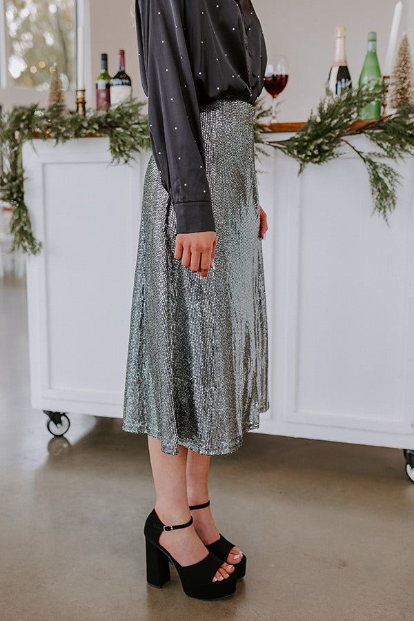 Dance All Night Sequin Midi Skirt in Silver