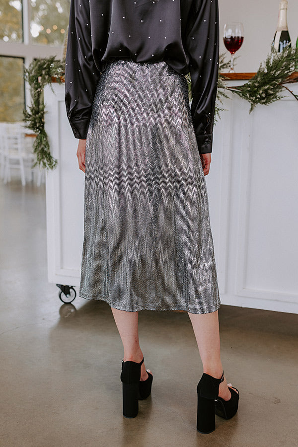 Dance All Night Sequin Midi Skirt in Silver