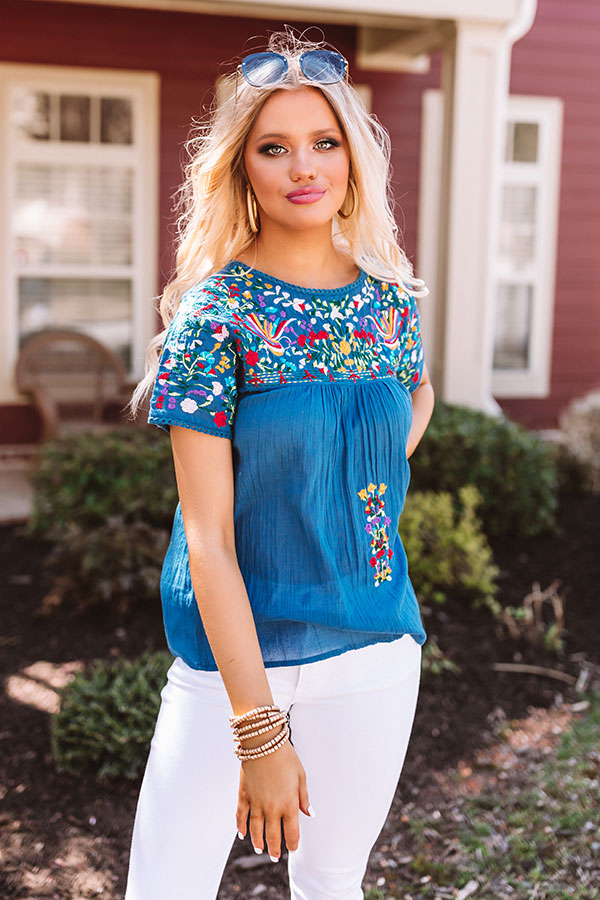 SanFran Sunshine Embroidered Top In Ocean Blue
