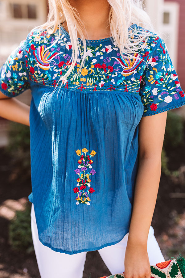 SanFran Sunshine Embroidered Top In Ocean Blue