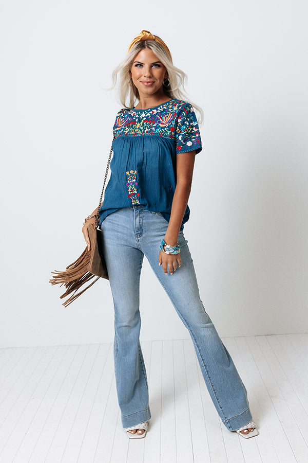 SanFran Sunshine Embroidered Top In Ocean Blue