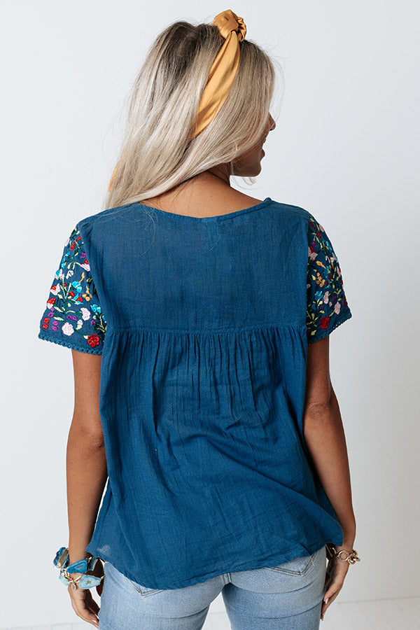 SanFran Sunshine Embroidered Top In Ocean Blue