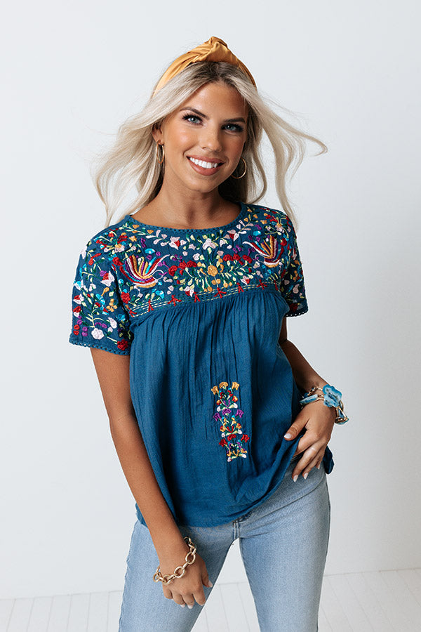 SanFran Sunshine Embroidered Top In Ocean Blue