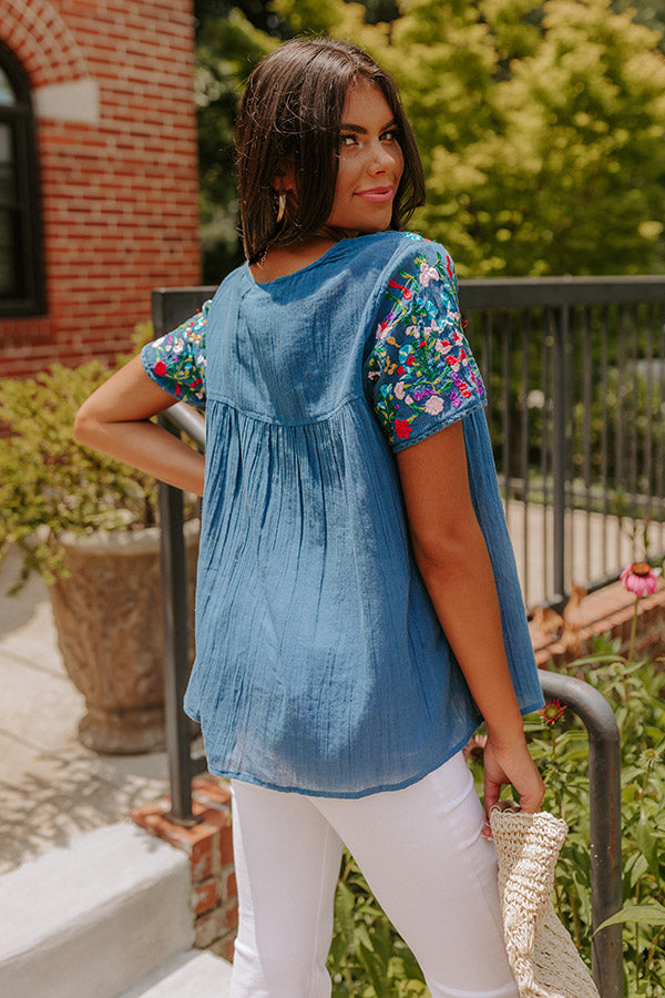 SanFran Sunshine Embroidered Top In Ocean Blue