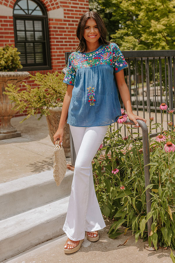 SanFran Sunshine Embroidered Top In Ocean Blue