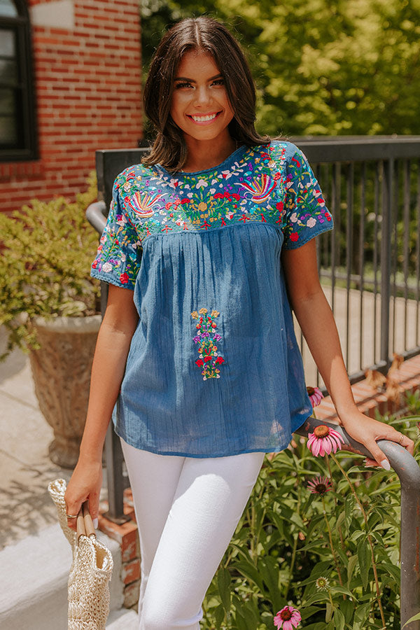 SanFran Sunshine Embroidered Top In Ocean Blue