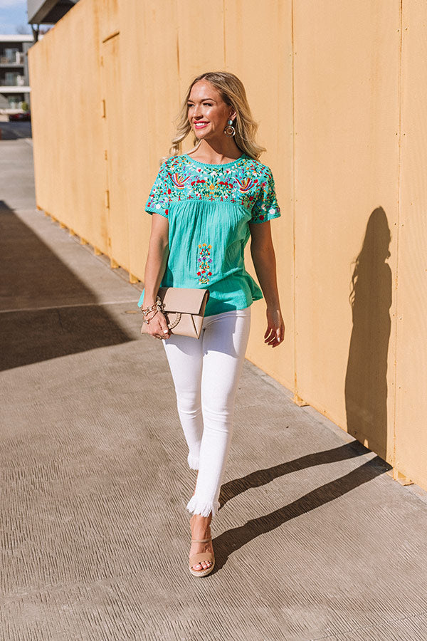 SanFran Sunshine Embroidered Top In Turquoise