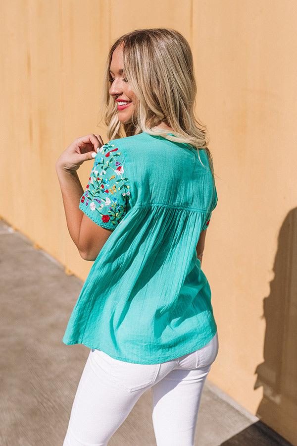 SanFran Sunshine Embroidered Top In Turquoise