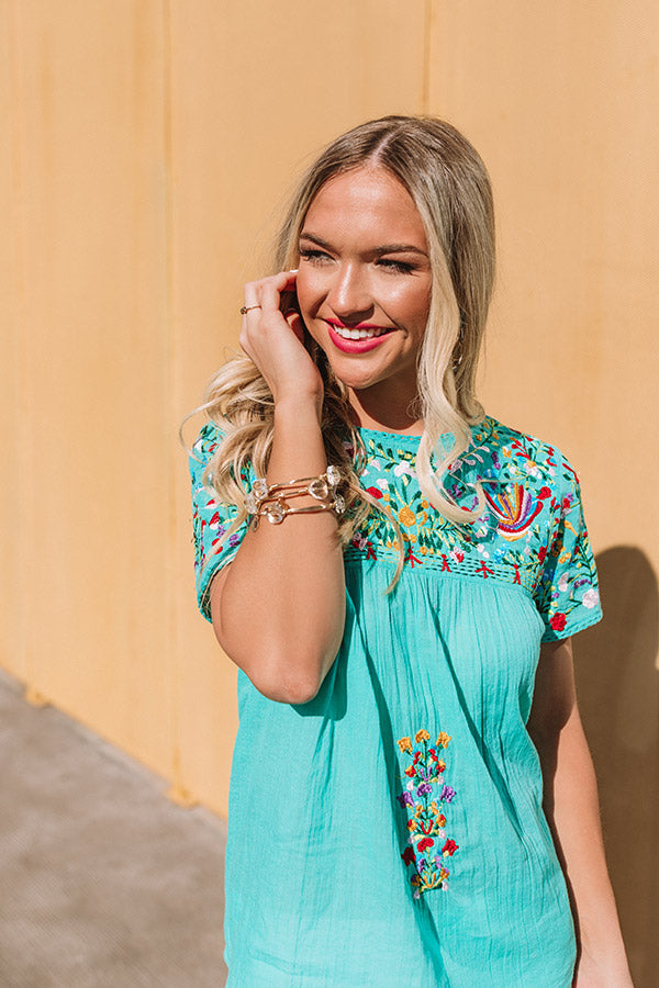 SanFran Sunshine Embroidered Top In Turquoise