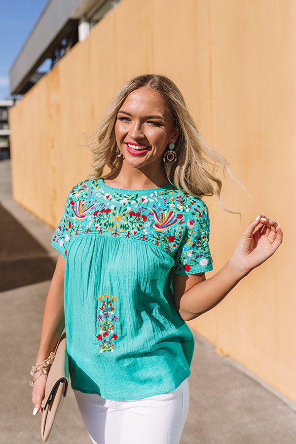 SanFran Sunshine Embroidered Top In Turquoise
