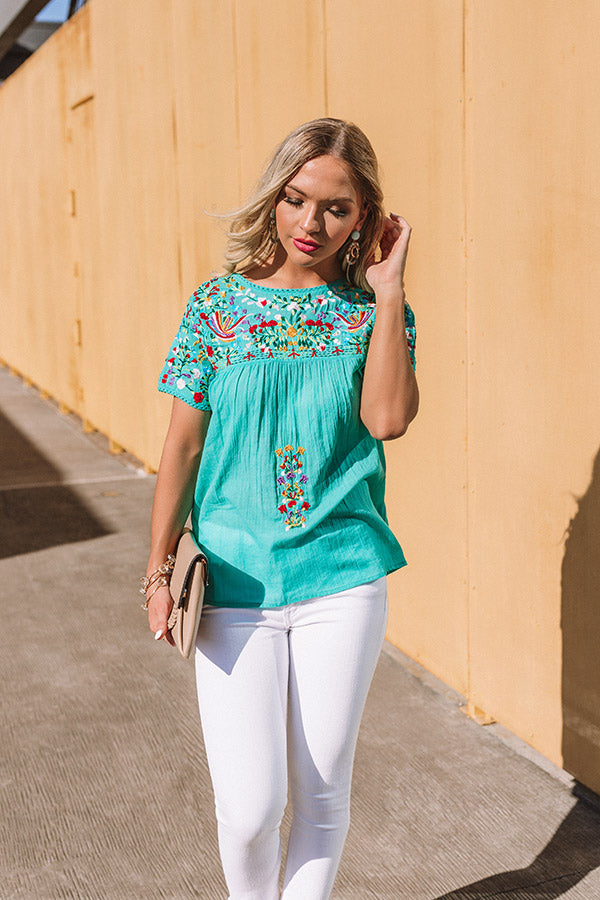 SanFran Sunshine Embroidered Top In Turquoise