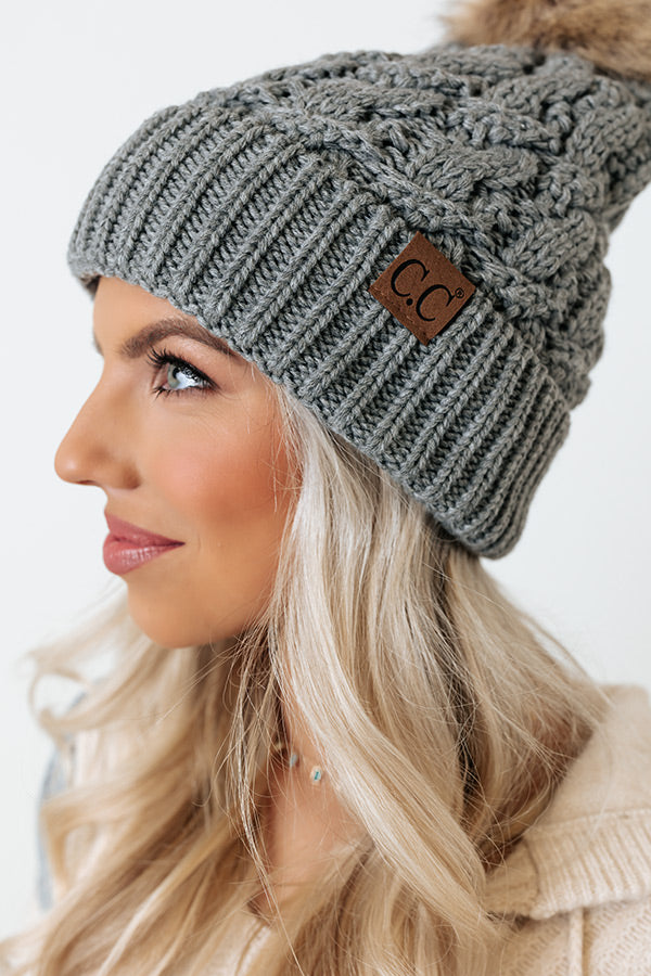 Fall Hike Faux Fur Pom Beanie in Dark Grey