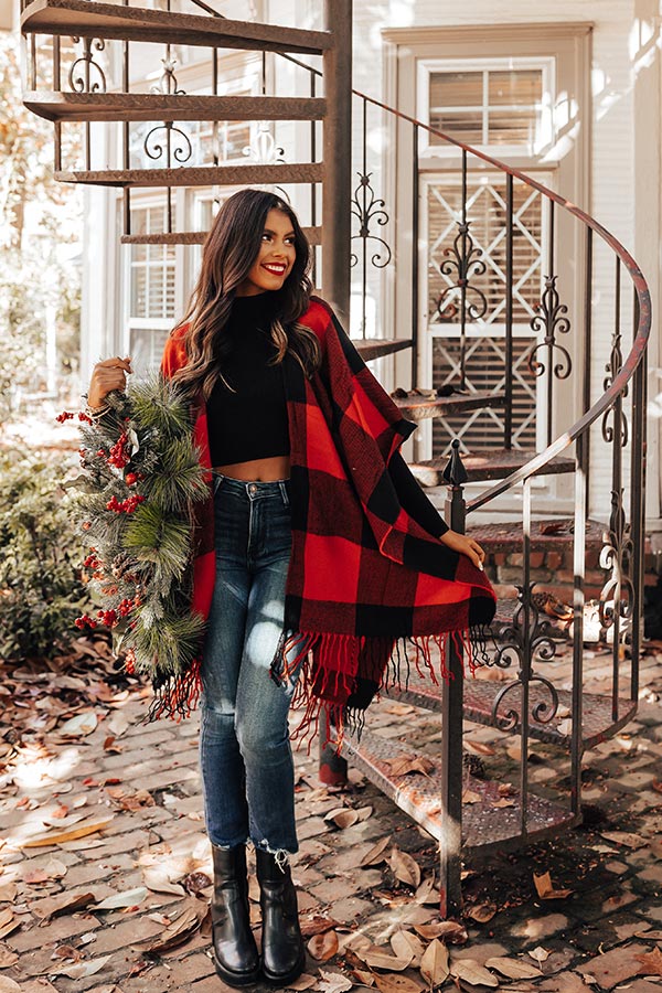 Caramel Kisses Buffalo Check Poncho In Red