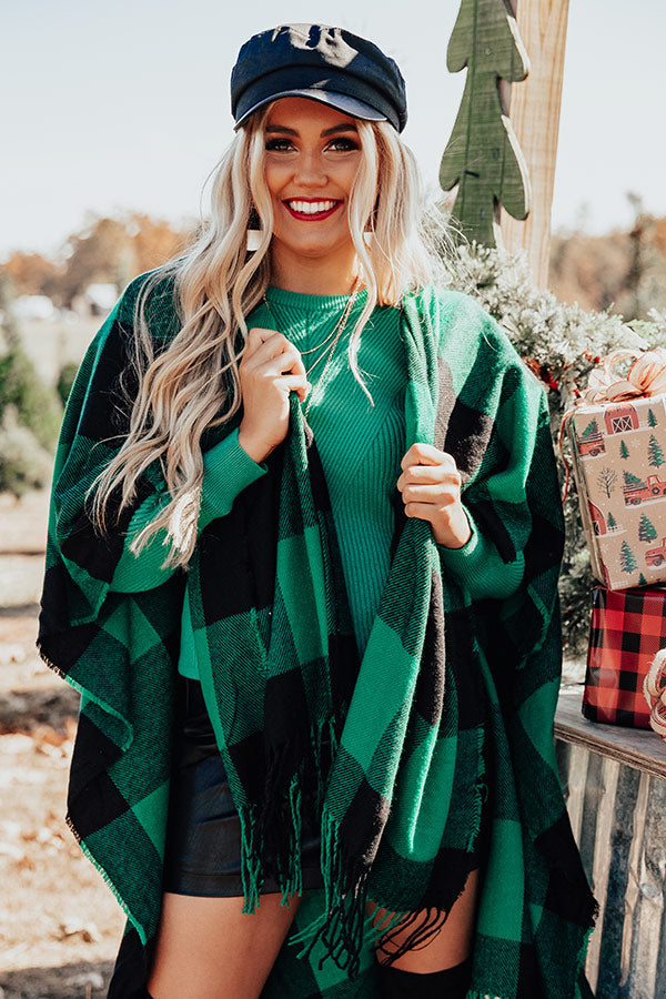 Caramel Kisses Buffalo Check Poncho In Green