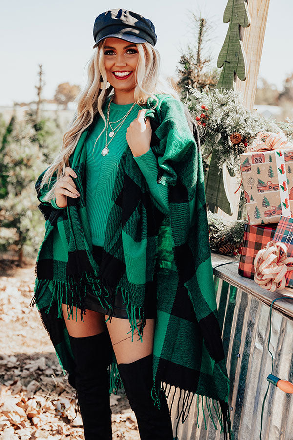 Caramel Kisses Buffalo Check Poncho In Green