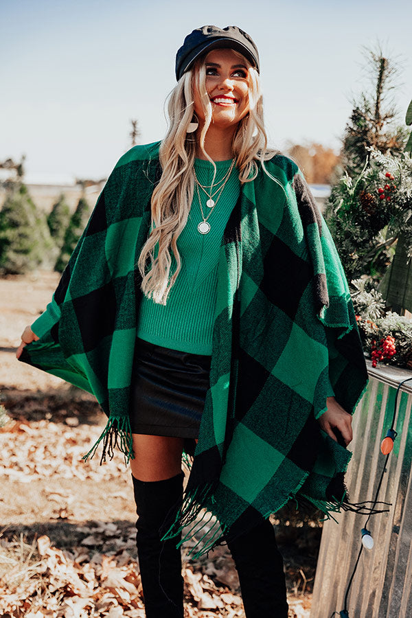 Caramel Kisses Buffalo Check Poncho In Green