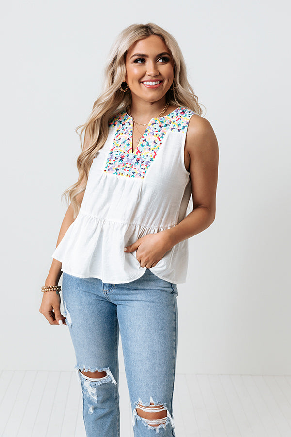 Tahitian Gardens Embroidered Top In White