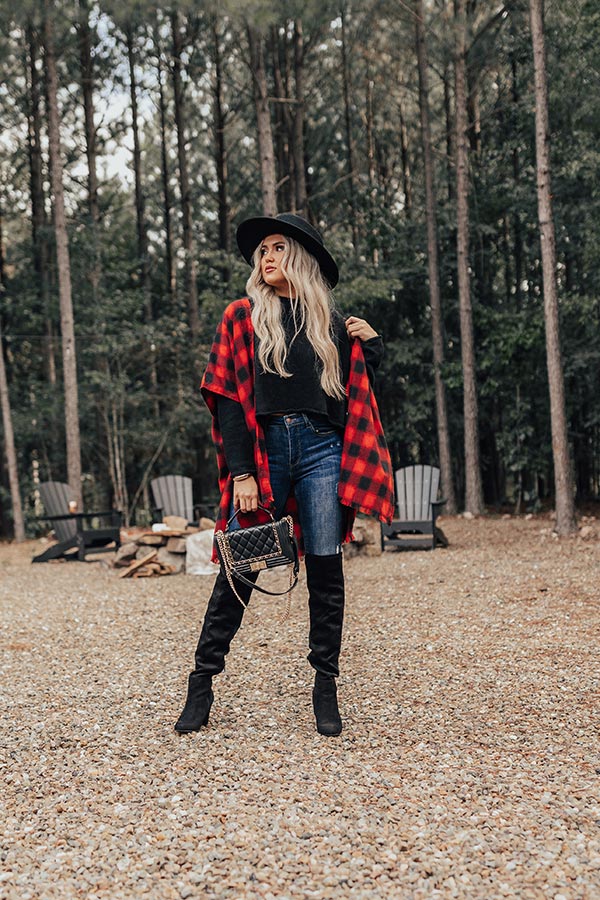 Morning Harvest Plaid Poncho In Red