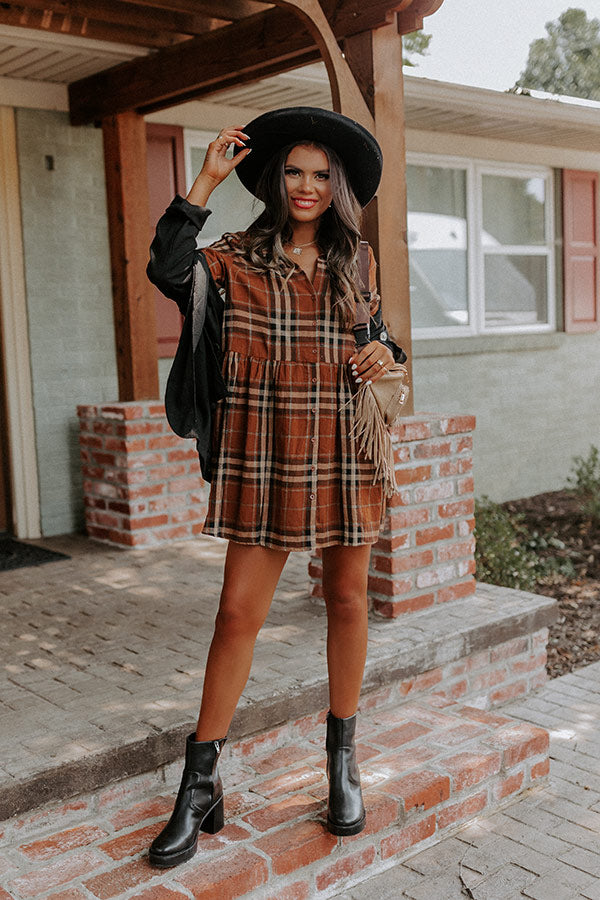 Cheery Mood Plaid Tunic Dress in Dark Camel