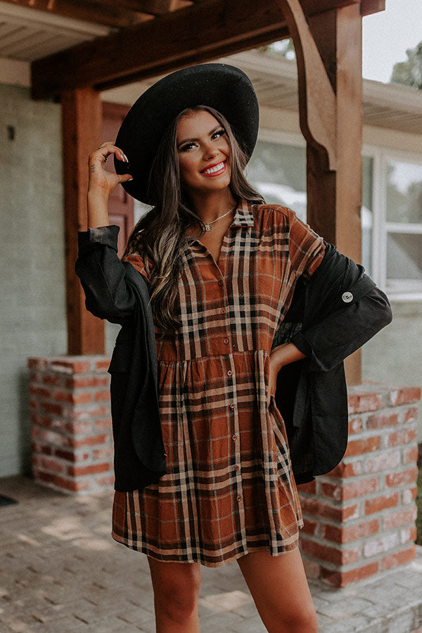 Cheery Mood Plaid Tunic Dress in Dark Camel