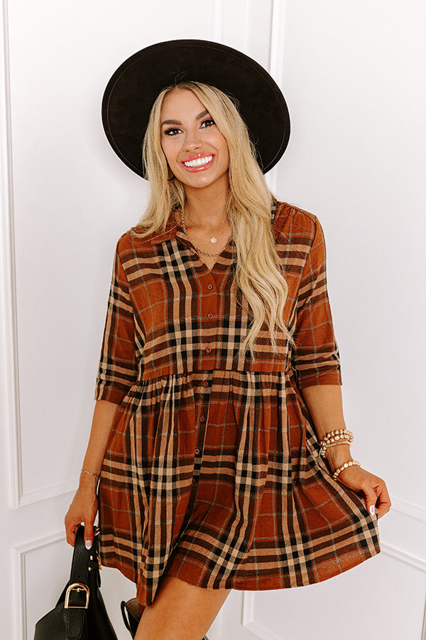 Cheery Mood Plaid Tunic Dress in Dark Camel Impressions Outlet Cheery Mood Plaid Tunic Dress in Dark Camel Impressions Outlet