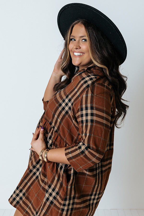 Cheery Mood Plaid Tunic Dress In Dark Camel Curves