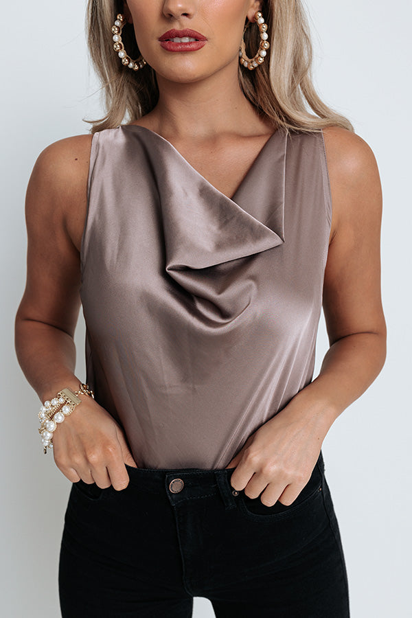 Play To Win Satin Bodysuit In Dark Taupe