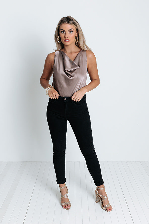 Play To Win Satin Bodysuit In Dark Taupe