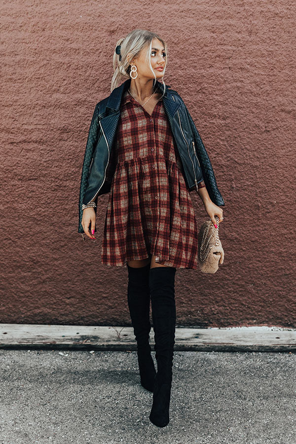 Cherry Mood Plaid Tunic Dress in Wine