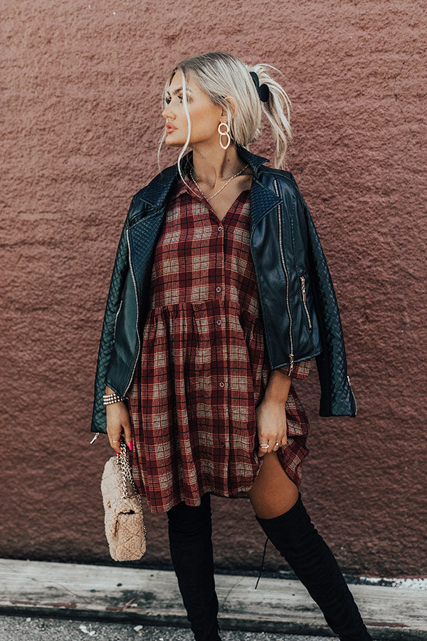 Cherry Mood Plaid Tunic Dress in Wine