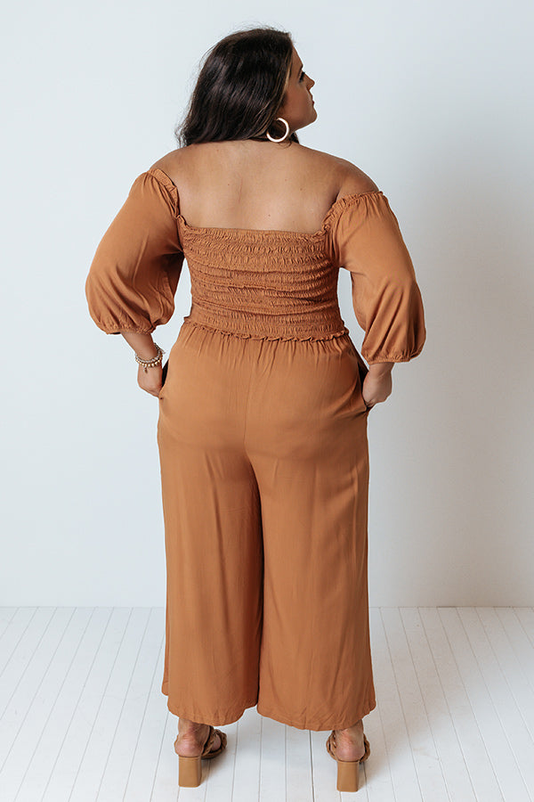 Moon Phase Smocked Jumpsuit In Camel Curves