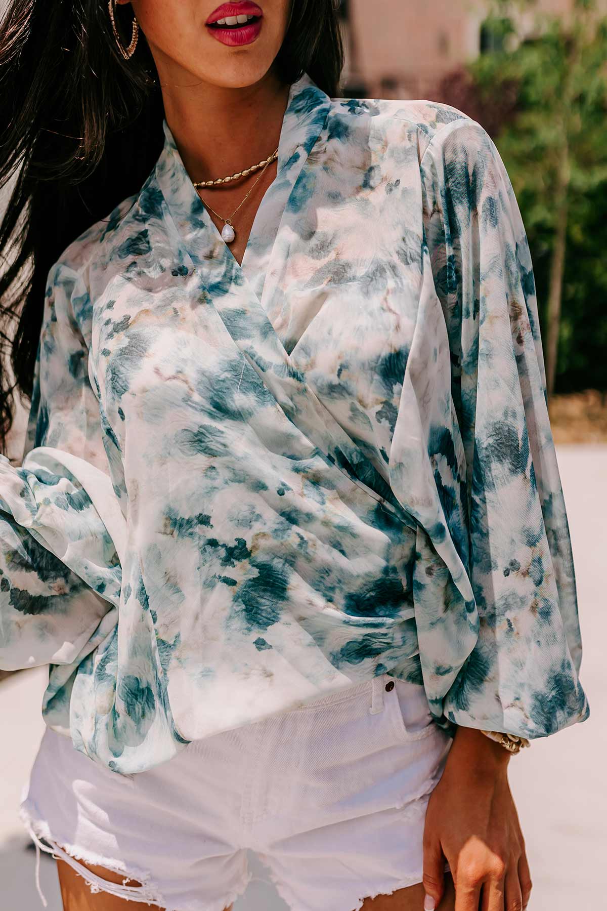Somewhere Tropical Watercolor Tie Top In Dark Teal