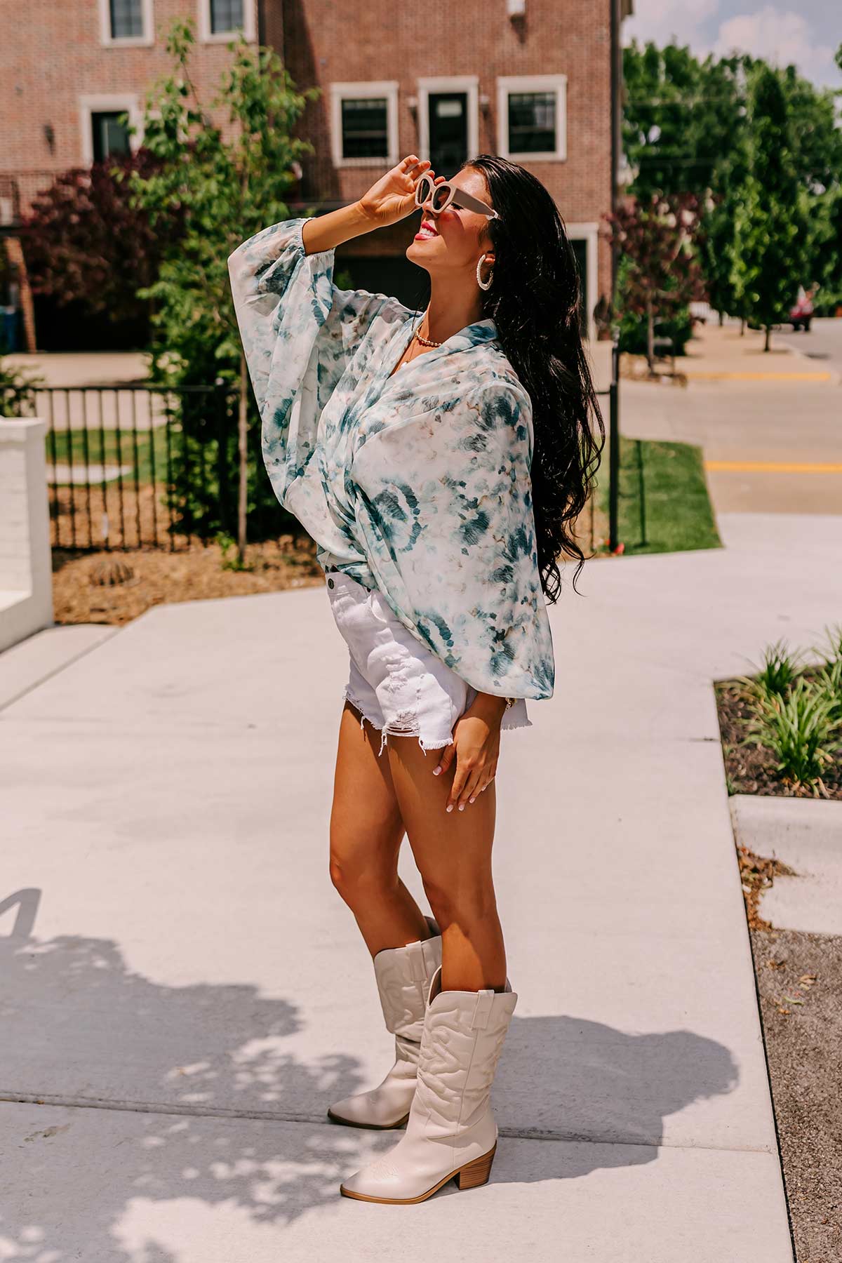 Somewhere Tropical Watercolor Tie Top In Dark Teal