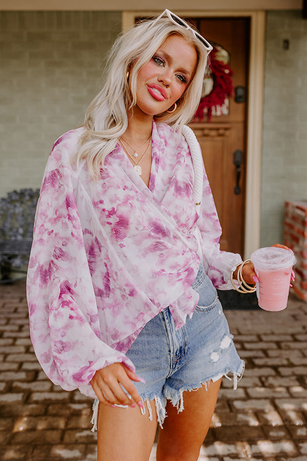 Somewhere Tropical Watercolor Tie Top In Berry