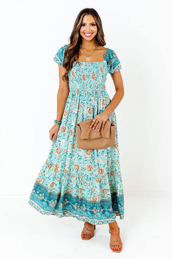 Sea Divine Smocked Maxi In Teal