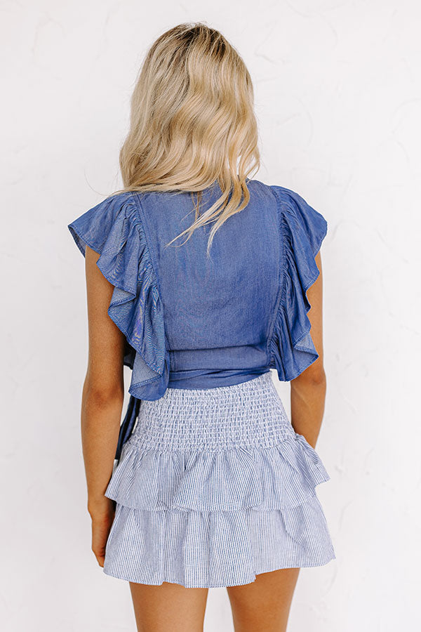 Summer Glow Chambray Wrap Top In Medium Wash