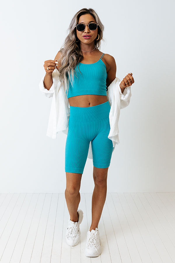 Up At Dawn High Waist Ribbed Biker Shorts in Turquoise