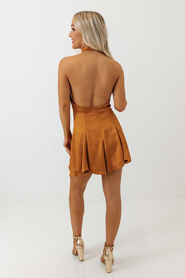 All Of A Sudden Satin Romper In Camel