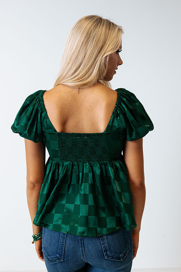 Wildly In Love Satin Babydoll Top In Hunter Green