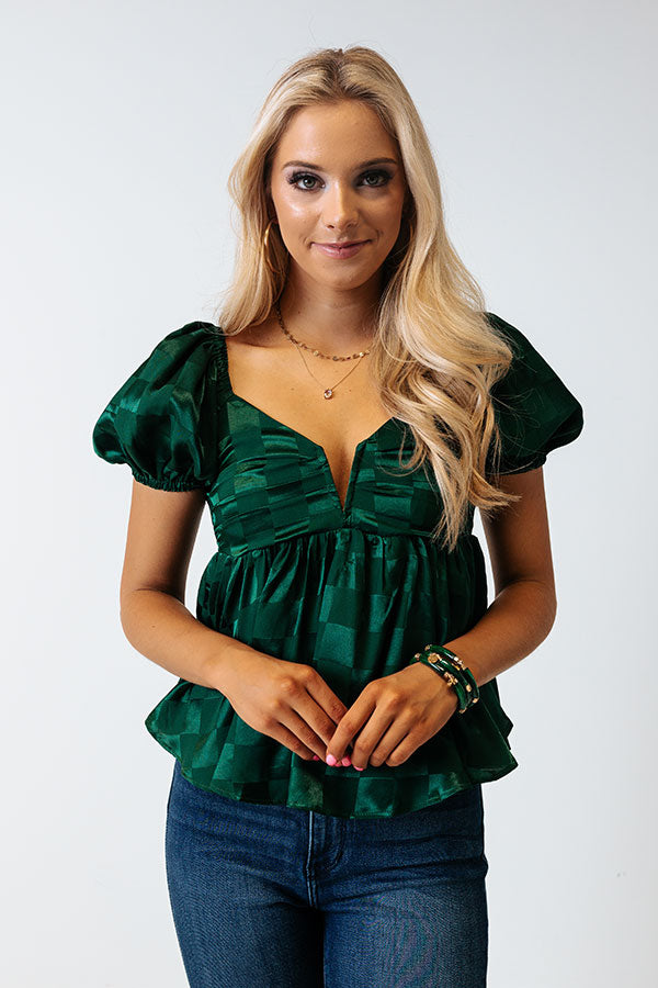 Wildly In Love Satin Babydoll Top In Hunter Green