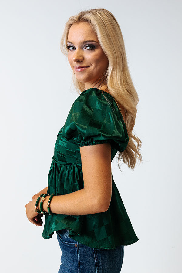 Wildly In Love Satin Babydoll Top In Hunter Green