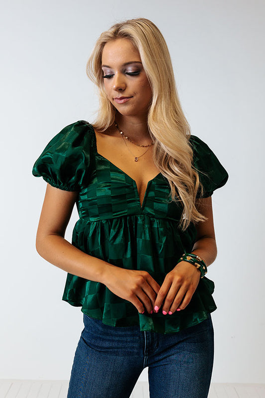 Wildly In Love Satin Babydoll Top In Hunter Green