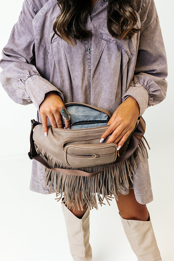 Trip Of My Life Fringe Fanny Pack In Taupe