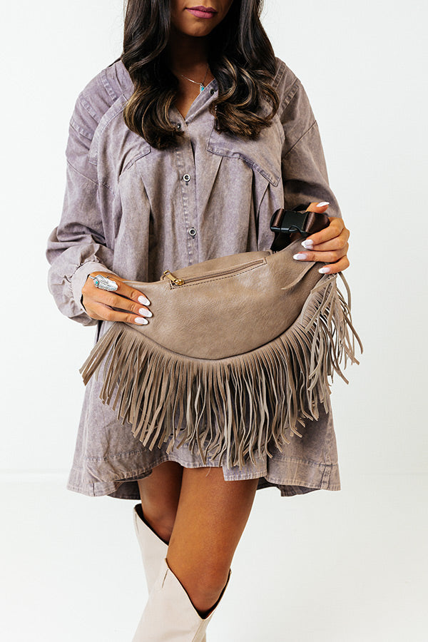 Trip Of My Life Fringe Fanny Pack In Taupe
