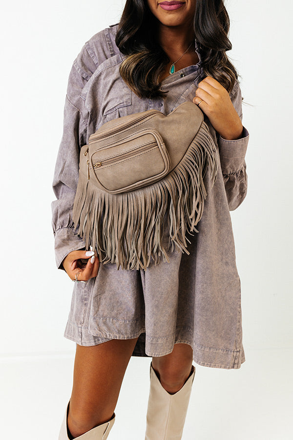 Trip Of My Life Fringe Fanny Pack In Taupe