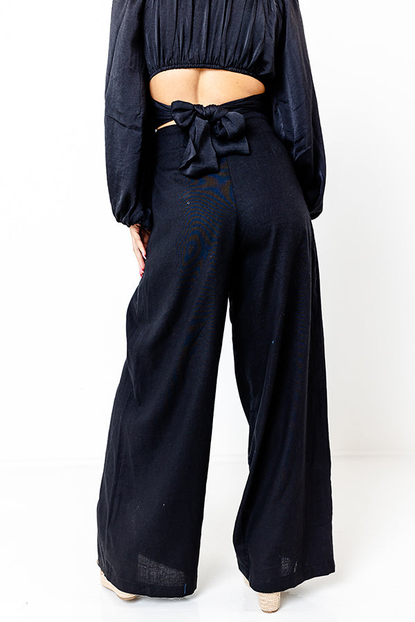 The Evelyn High Waist Linen-Blend Pants In Black